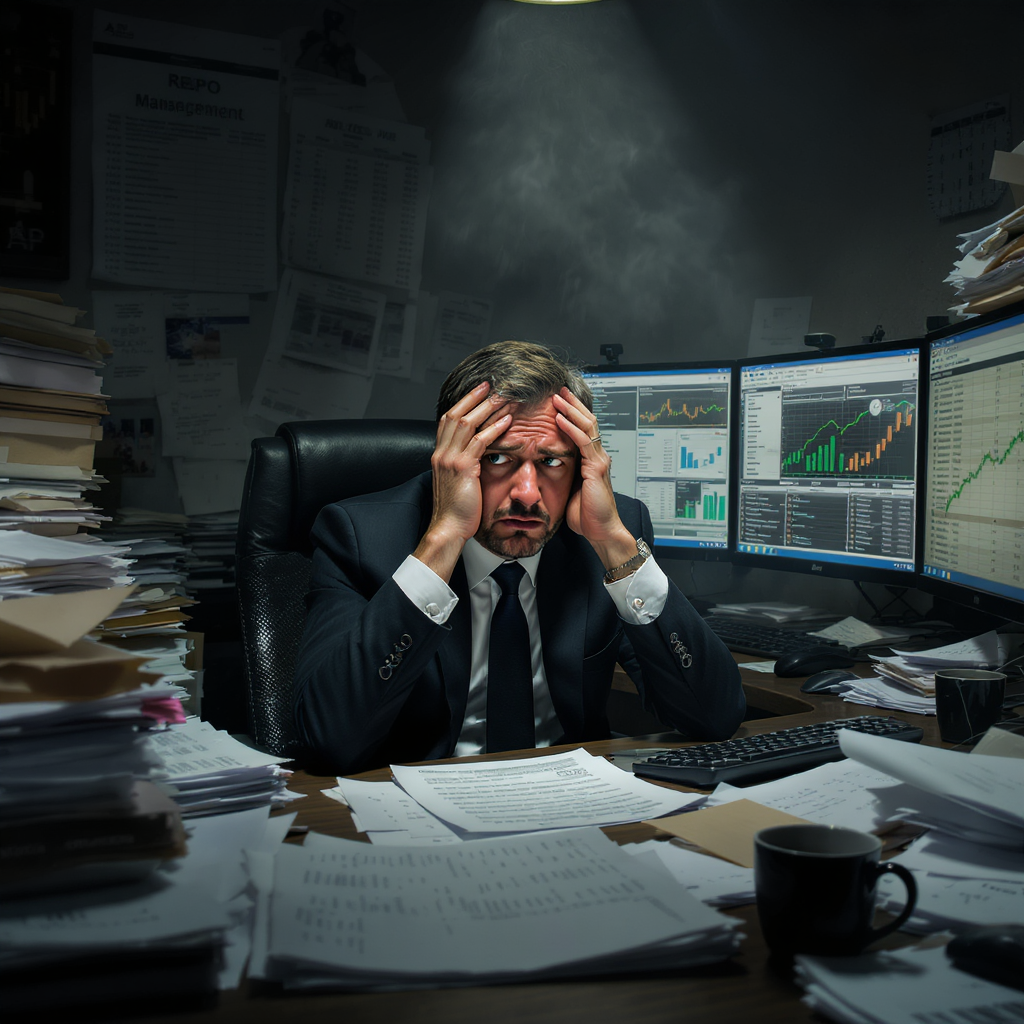 Stressed business owner overwhelmed by paperwork, administrative tasks, and multiple computer screens showing repo management systems in cluttered office environment