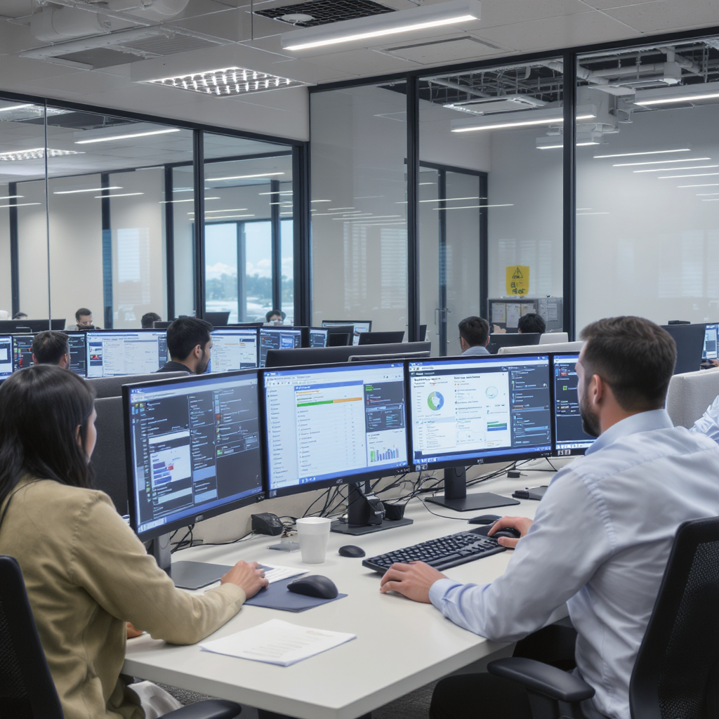 Professional team of repo operations experts working on laptops in modern office with multiple monitors displaying repossession software dashboards and data analytics